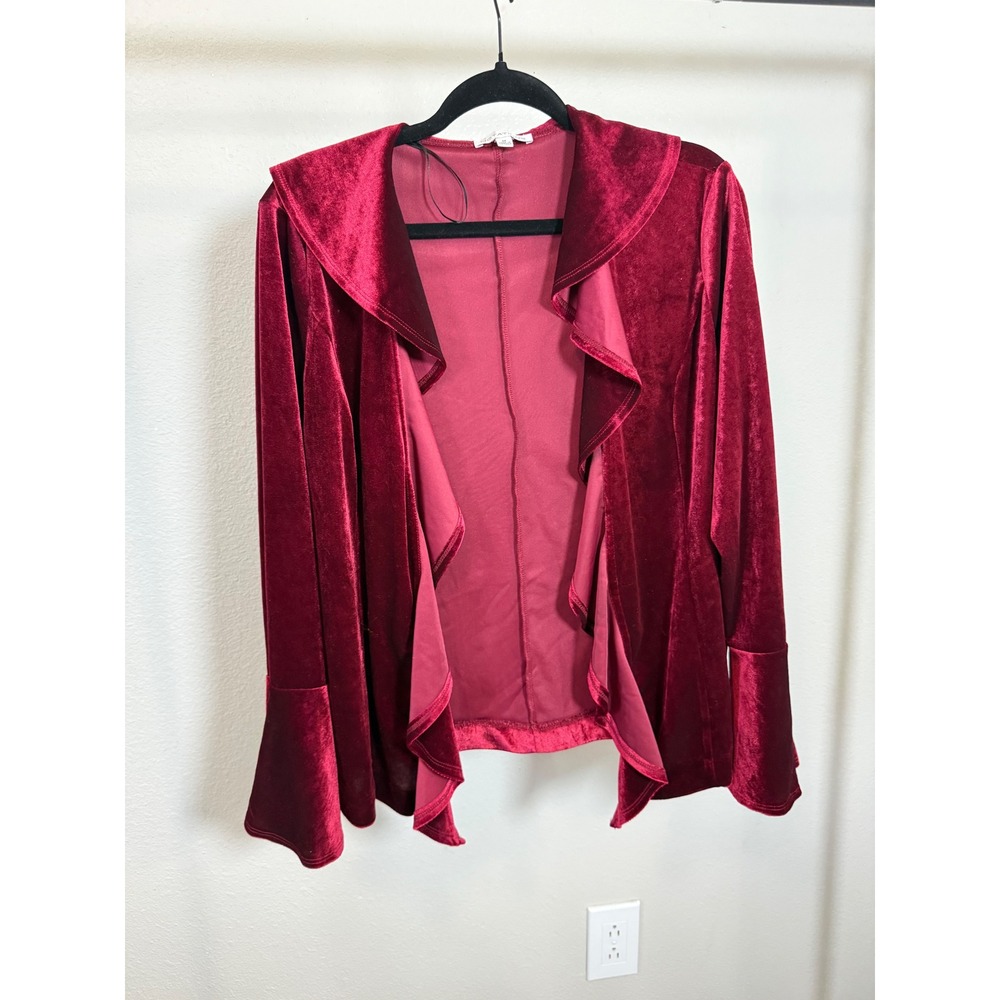 Notations Y2K Burgundy Velvet Ruffle Front Bell Sleeve‎ Open Cardigan Jacket M - Picture 3 of 9